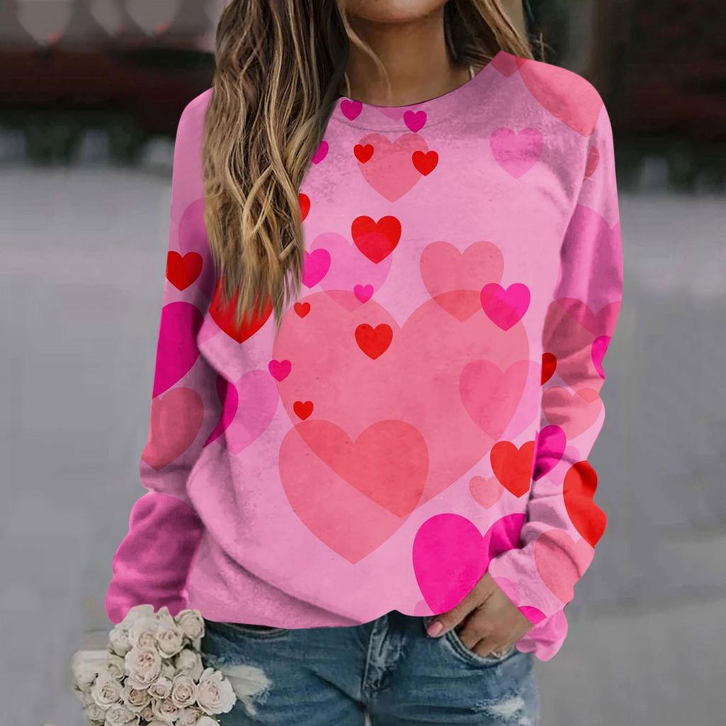 Женский модный повседневный свитер с круглым вырезом и длинными рукавами на День святого Валентина с принтом роз и круглым вырезом