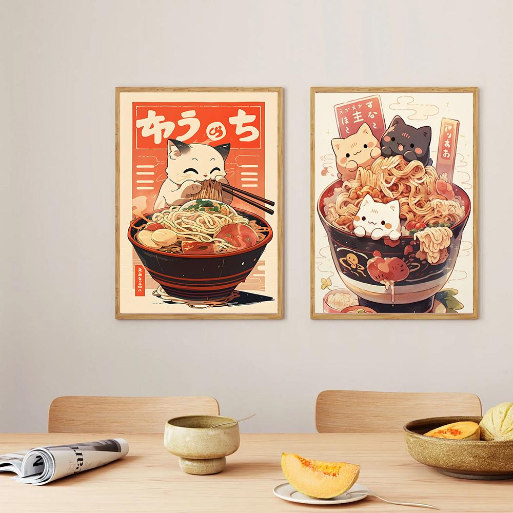 Kawaii Japanese Ramen Canvas Painting Animal Cats Posters and Prints Noodles Food Wall Pictures for Kitchen Room Home Decoration