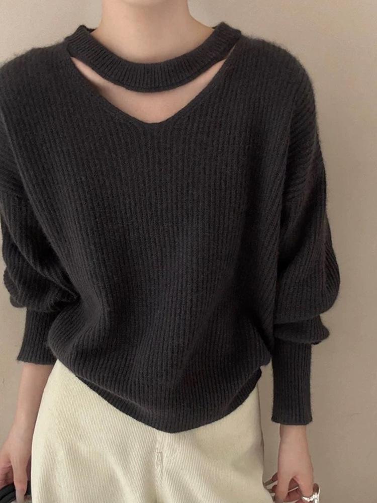 Women's V-Neck Halter Neck Pure Wool Sweater - Elegant Autumn/Winter Loose Knit Pullover