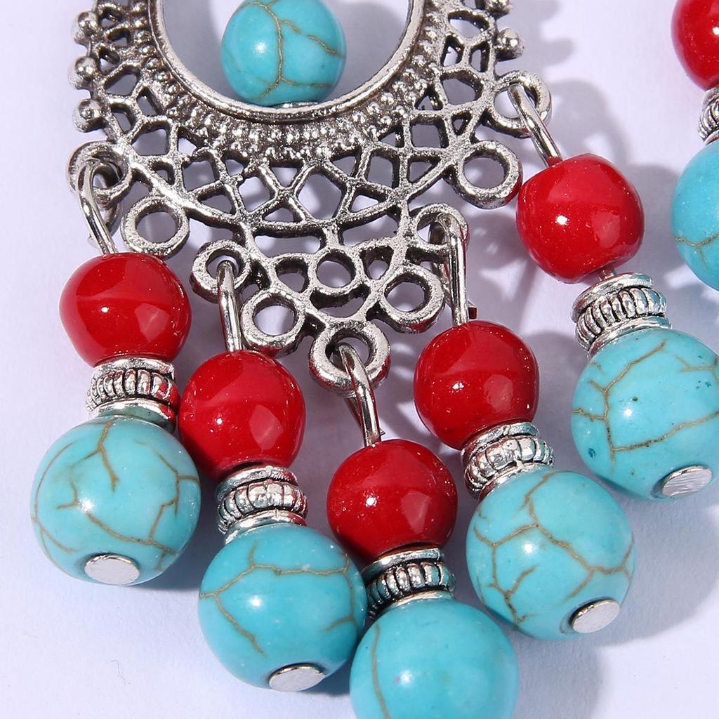 Retro Ethnic Turquoise Tassel Earrings Bohemian Vacation Style Color Blocking Earrings Long Fashionable Earrings