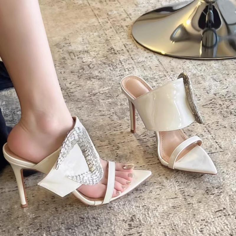 Модные туфли-лодочки на высоком каблуке с хрустальной пряжкой высшего качества, летние, сексуальные, с острым носком, на тонком каблуке, сандалии-слайды, элегантные, с открытым носком, свадебные туфли для невесты