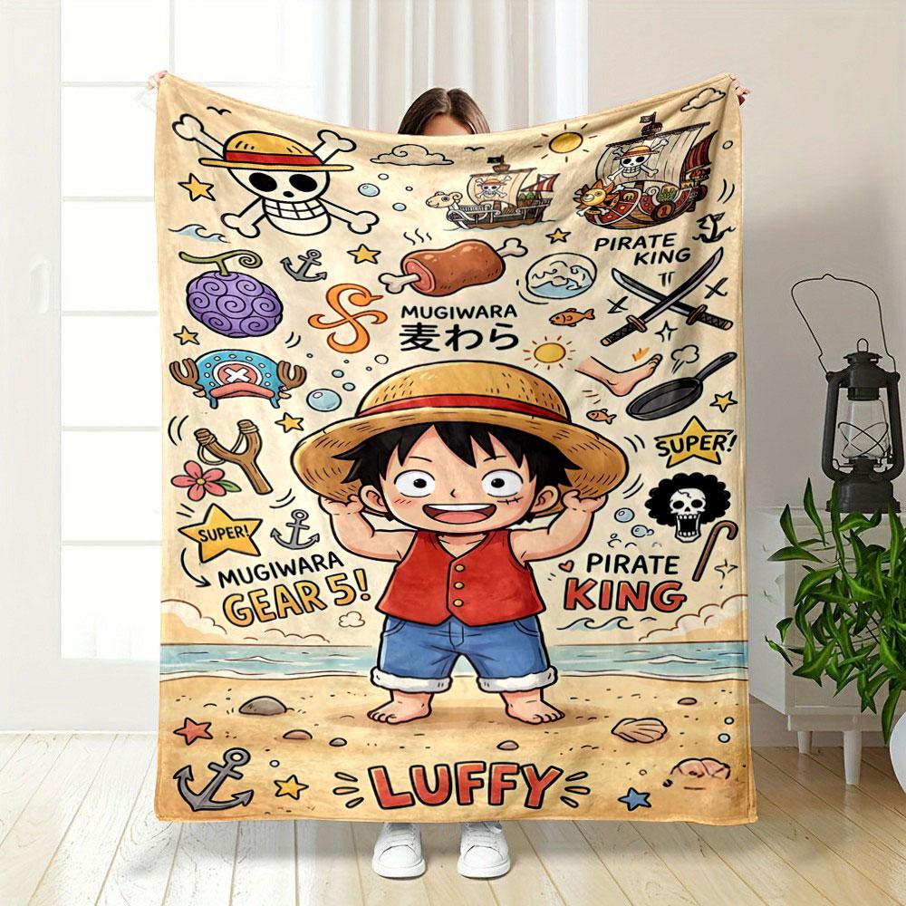 Playful Pirate-themed Illustration with Straw Hat, Ships, and Characters. for All Seasons Blanket Lunch Break Throw Gift
