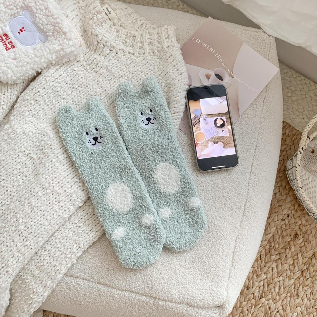 Женские неколючие носки из кораллового флиса с кошачьим принтом - Теплые, милые, до середины икры для осени и зимы