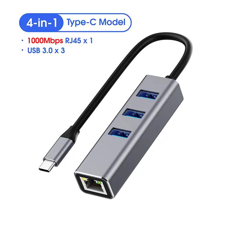 4-в-1 USB C ХАБ 3 порта USB 3.0 Разветвитель LAN RJ45 1000 Мбит/с Сетевой адаптер Гигабитный Ethernet Хаб Удлинитель для ПК Mac Windows