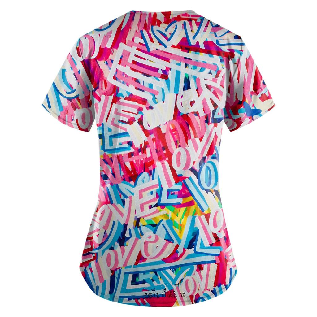 Plus Size Printed Scrub Working Uniform Tops For Women's V-Neck Short Sleeve Fun T-Shirts Workwear Tee With Pockets