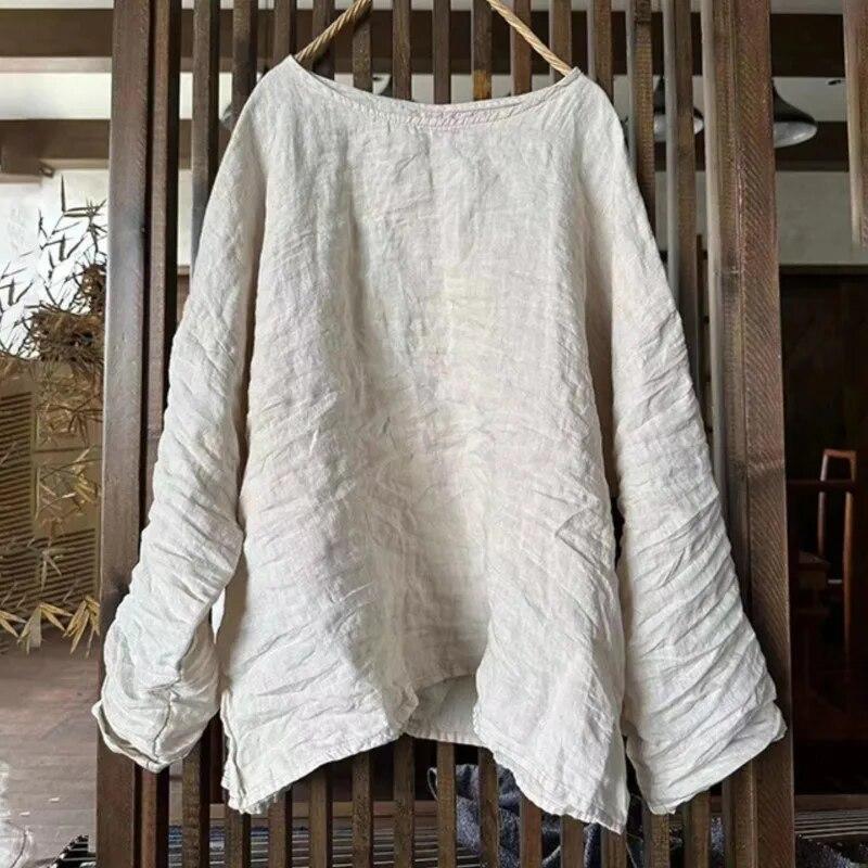 Johnature Women Vintage T-Shirts O-Neck Long Sleeve Solid Color Spring Tees Casual Loose Women Soft T-Shirts