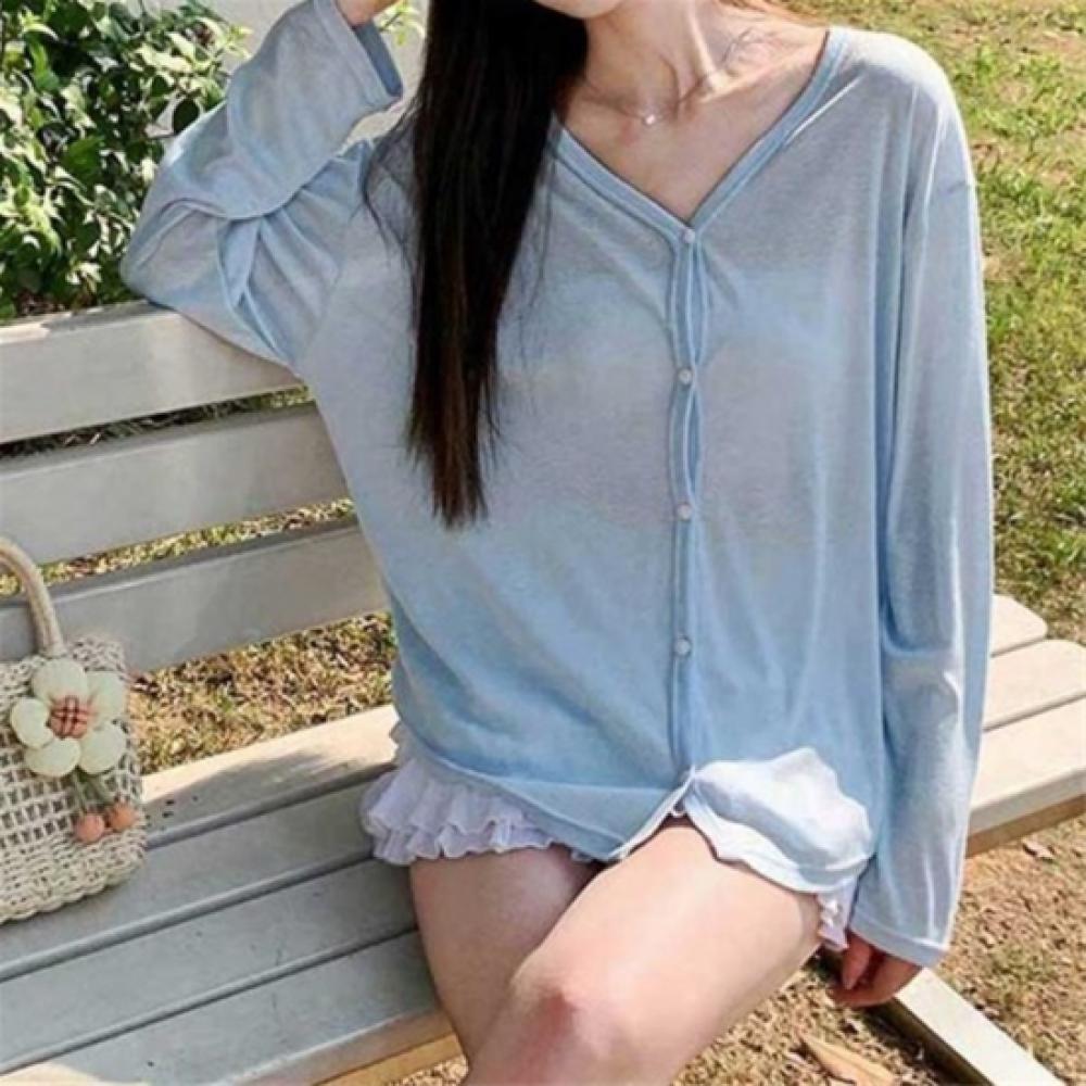 New ArriValS Open Run Women S Sheer V Neck Cardigan looSe Fit Solid Color