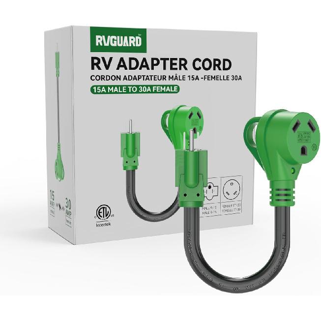 RVGUARD 30 Amp To 110 Volt RV Adapter Cord 12 Inch, NEMA 5-15P To NEMA TT-30R Electrical Power Adapter With LED Power Indicator, Green, ETL Listed