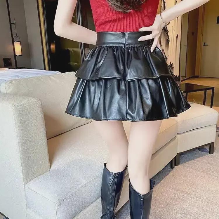 Юбка А-силуэта из искусственной кожи с высокой талией, осень/зима 2024 г. - тонкая, пышная, не пропускающая влагу, дизайн Hot Girl Cake