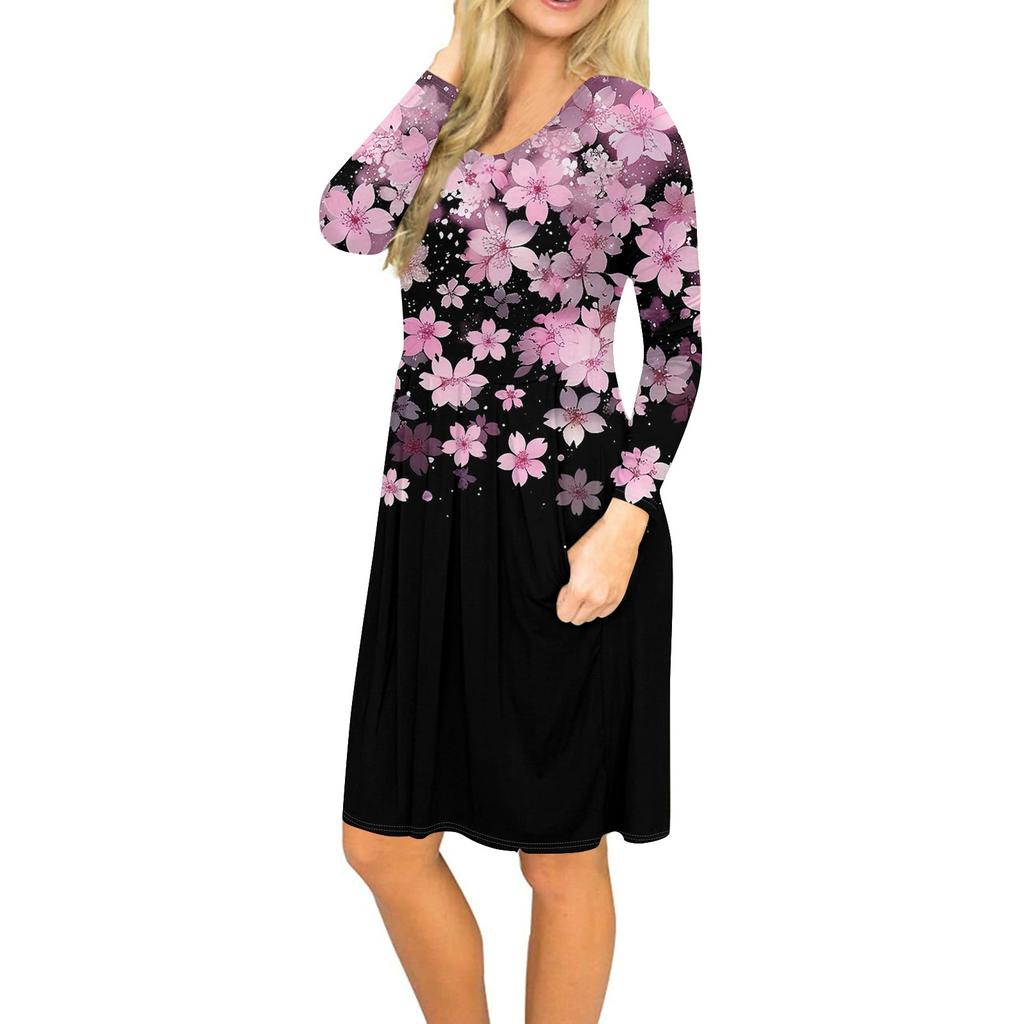 Женское платье с длинным рукавом, плиссированное, свободное, повседневное платье с карманами, платья длиной до колена