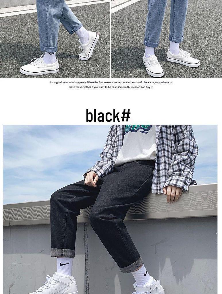 2025 New Men's Hong Kong Style Loose Straight-Leg Jeans: Trendy Korean Nine-Point Casual Pants for Spring and Autumn