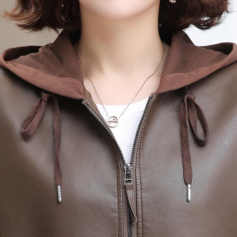 Весна/Осень 2025 Женское короткое пальто из ПУ кожи с капюшоном - Стильная куртка на молнии для молодых мам.
