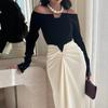 Fall Winter Elegant Color-block Pearl Bodycon Evening Dress for Women, European American Style Party Gown for Crossborder Dropshipping