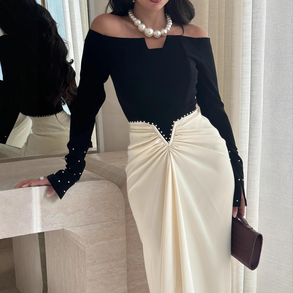 Fall Winter Elegant Color-block Pearl Bodycon Evening Dress for Women, European American Style Party Gown for Crossborder Dropshipping