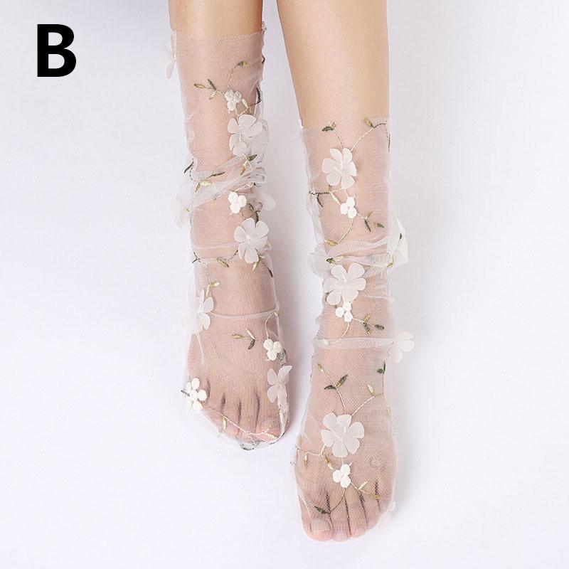 Женские носки из тюля, летние прозрачные сетчатые носки с цветочным принтом, прозрачные дышащие носки