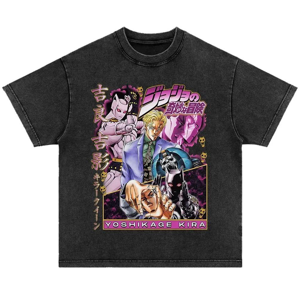 Japanese Anime Jojo Bizarre Adventure Vintage Washed T-Shirt Killer Queen Graphic T Shirts Men Women Cosplay Oversized T-shirt