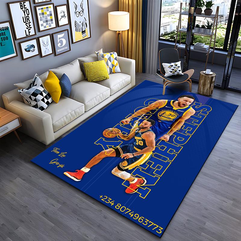 Sports Area Rug, Stephen Curry Warriors Number 30 Vertical Typography Blue Background Dribble Print, Fan Decor, Non-Slip Mat