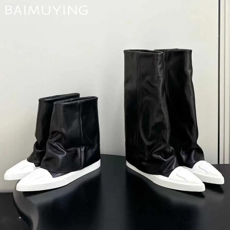 Women High Boots Flats Pointed Toe Leather Shoes 2024 Trend Winter Brand Ankle Boots Women Knee High Motorcycle Botas De Mujer