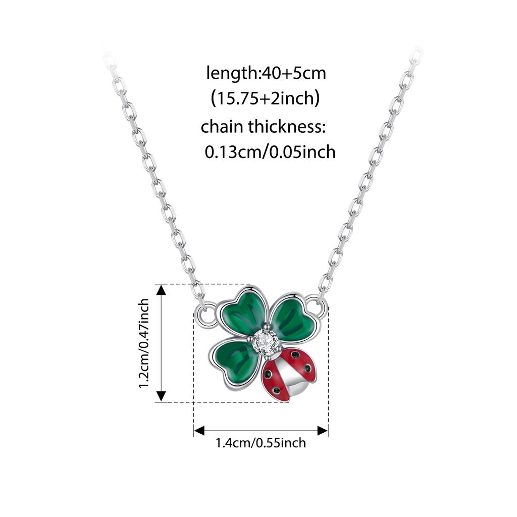 WOSTU 925 Sterling Silver Lucky Green Clover Ladybug Stud Earrings Open Ring Pendant Necklace Valentine's Jewelry Set Girl Gift