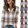 Women's Fashionable Oversized V-Neck T-Shirt With Check Print Long-Sleeved Pullover Top