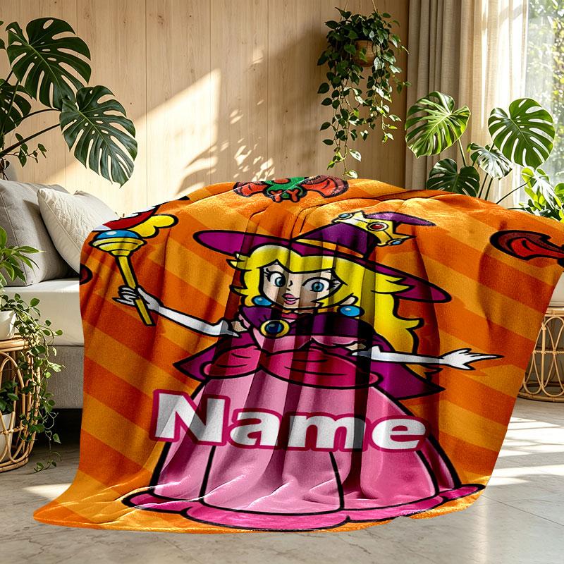 Custom Name Personalized Princess Peach Toadstool Print Blanket, Home Decor, Bedroom, Sofa, Camping, Couch, Gifts for Birthday Christmas