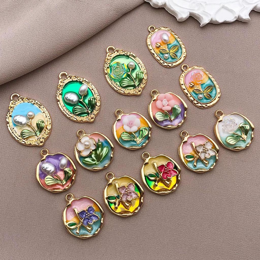 Французский Ретро Роскошный Набор Эмалевых Серьг и Ожерелья: Сад Моне Масляная живопись Дизайн цветов