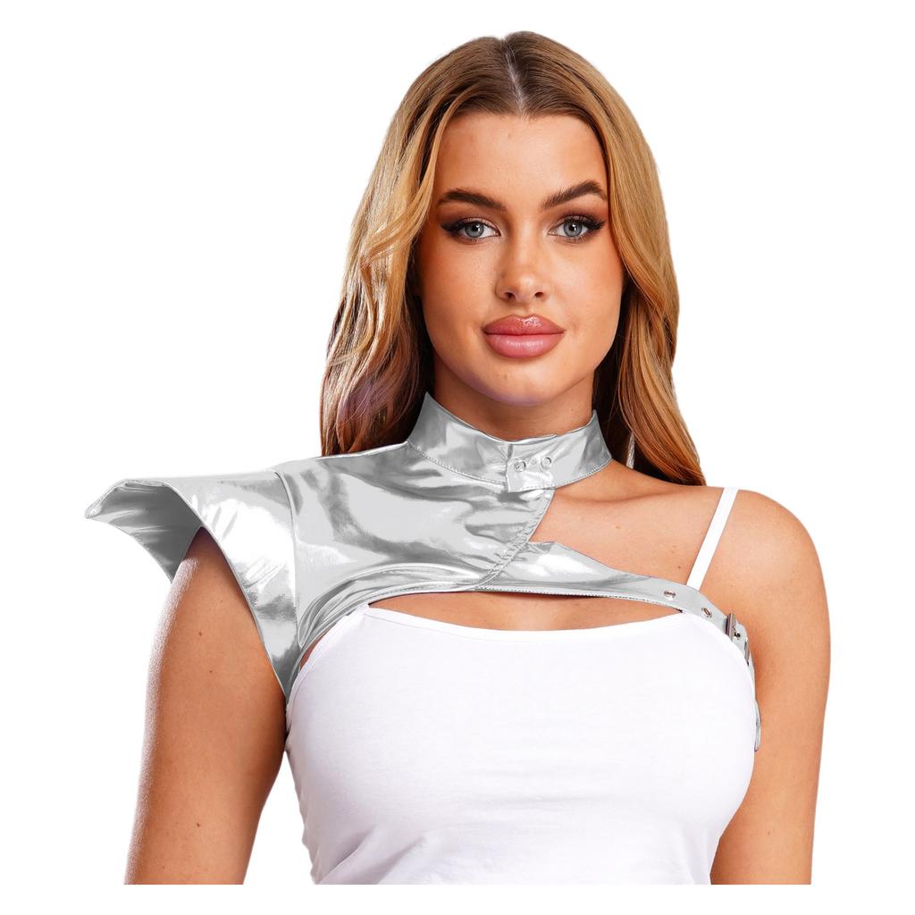 Womens Gothic Steampunk Shoulder Armor Fly Sleeve Adjustable Buckle Metallic Shiny Shrug Rave Wear