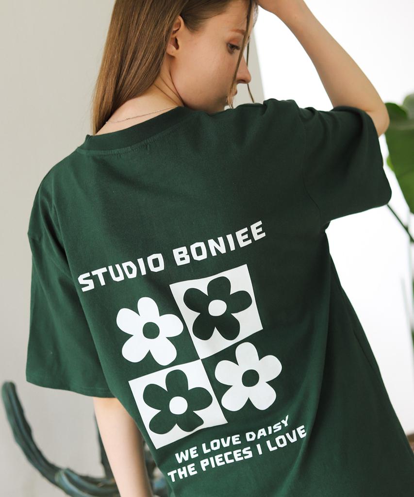 BONIEE Puzzle Daisy Flower Back Print Loose T-Shirt Green