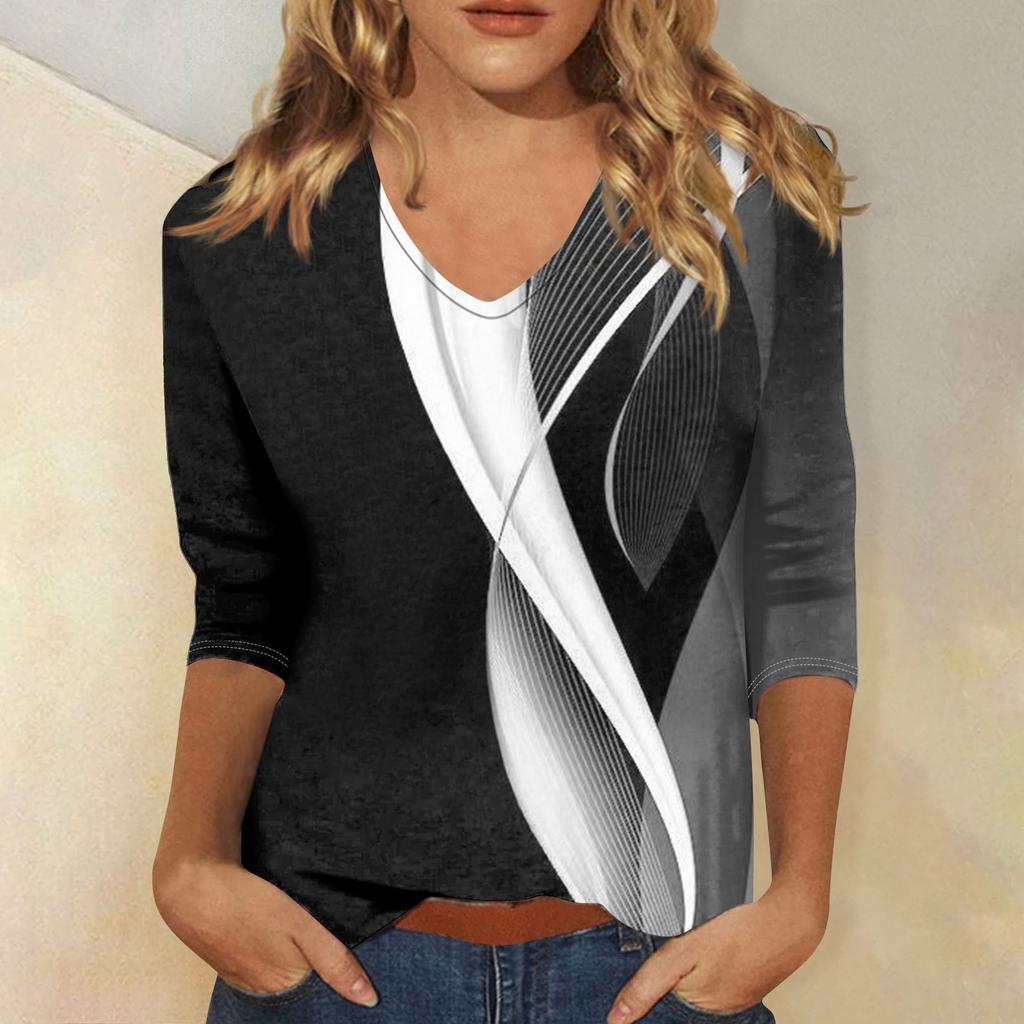 Women’s Fashion Everyday Everything Casual V-neck Seven-point Sleeve Printed T-shirt Top