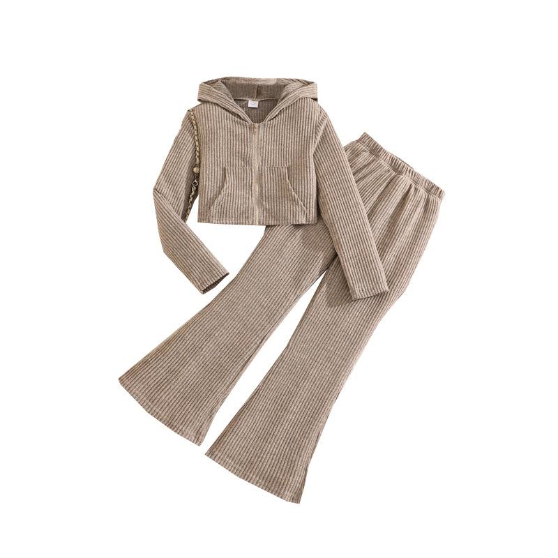 Наряд для девочек Осень Зима Новый Вязаный В рубчик С длинным рукавом Капюшон На молнии Топ Модные расклешенные брюки