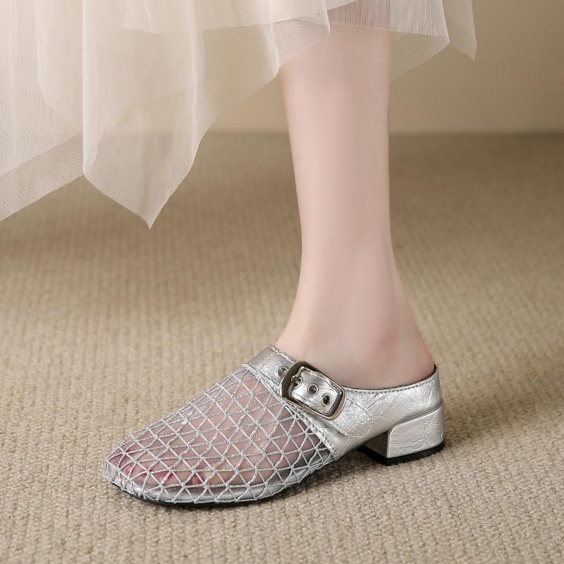 Мода Мода Баотоу Тапочки Лето Новые Круглый Носок Сетчатая Ткань Металлическая Пряжка Противоскользящие Износостойкие Обувь на Каблуке