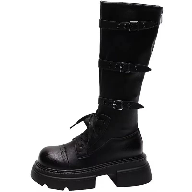 Женские высокие сапоги, кожаные туфли, зимние дизайнерские туфли на среднем каблуке, массивные туфли, женские зимние сапоги 2024 года, элегантные женские ботинки Chelsea Botas