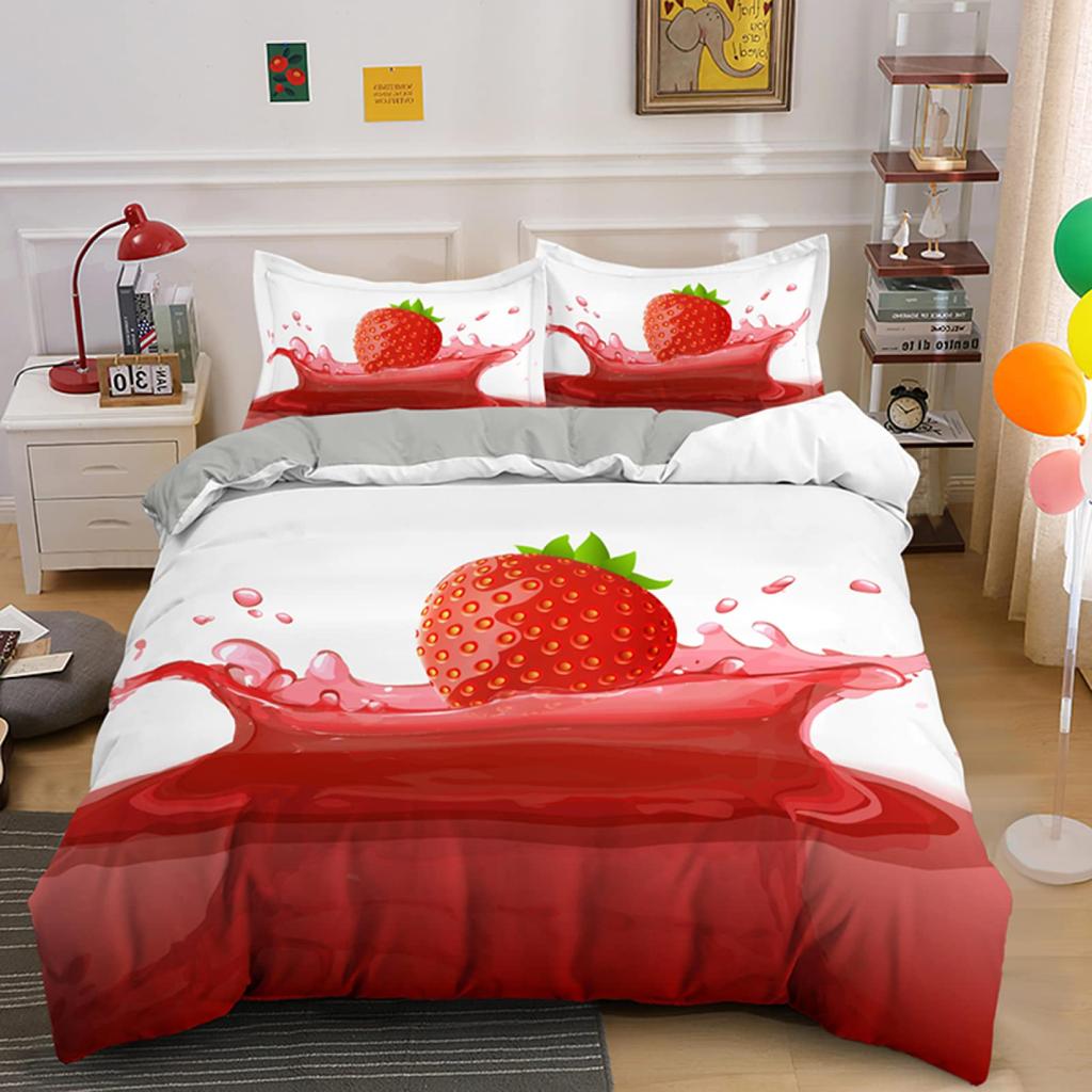 Постельное белье с клубникой для девочек, пододеяльник с сладкой клубникой для детей, розовый, милый мультфильм, фруктовая еда, девичий белый цветочный декор для комнаты
