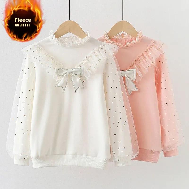 Плюс бархатный теплый сетчатый свитер принцессы с бантом для девочек-подростков