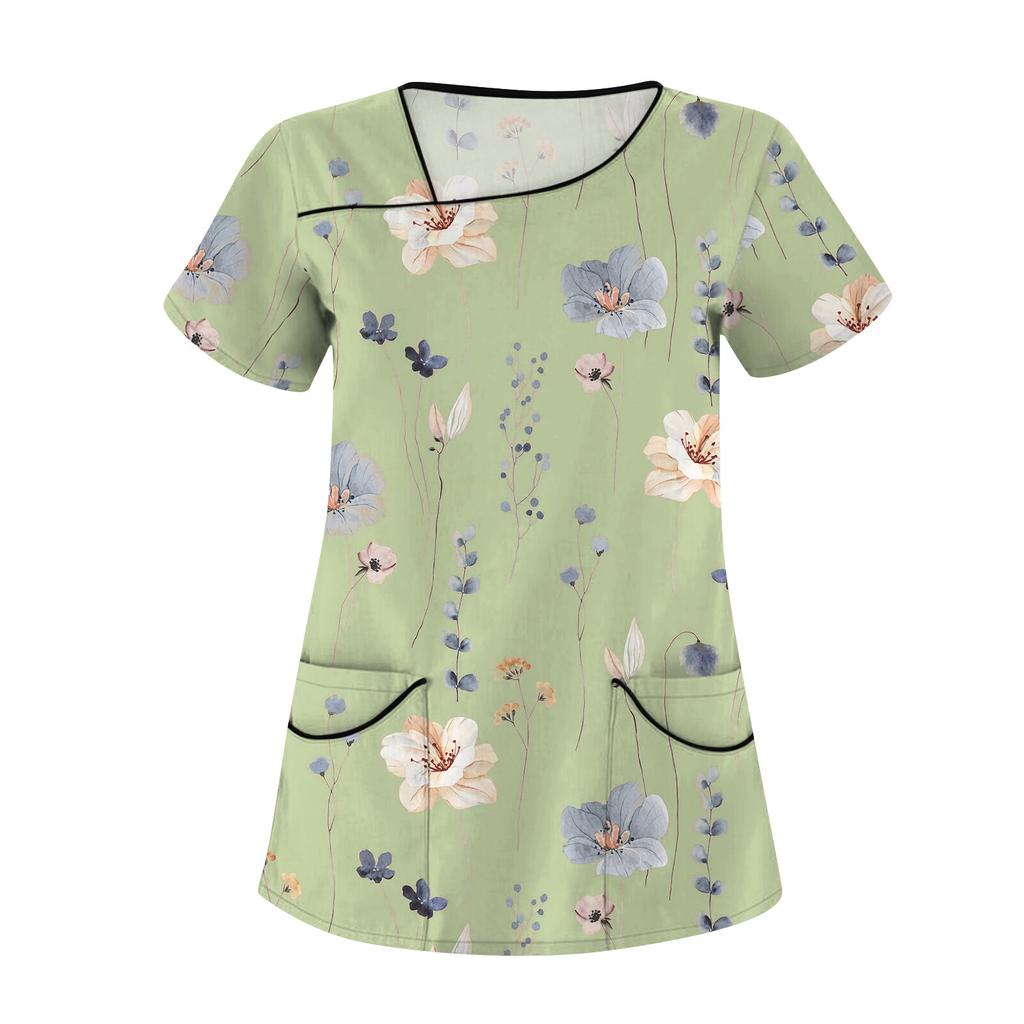 Женская повседневная рабочая одежда с цветочным принтом и коротким рукавом с наклонным воротником и двойными карманами