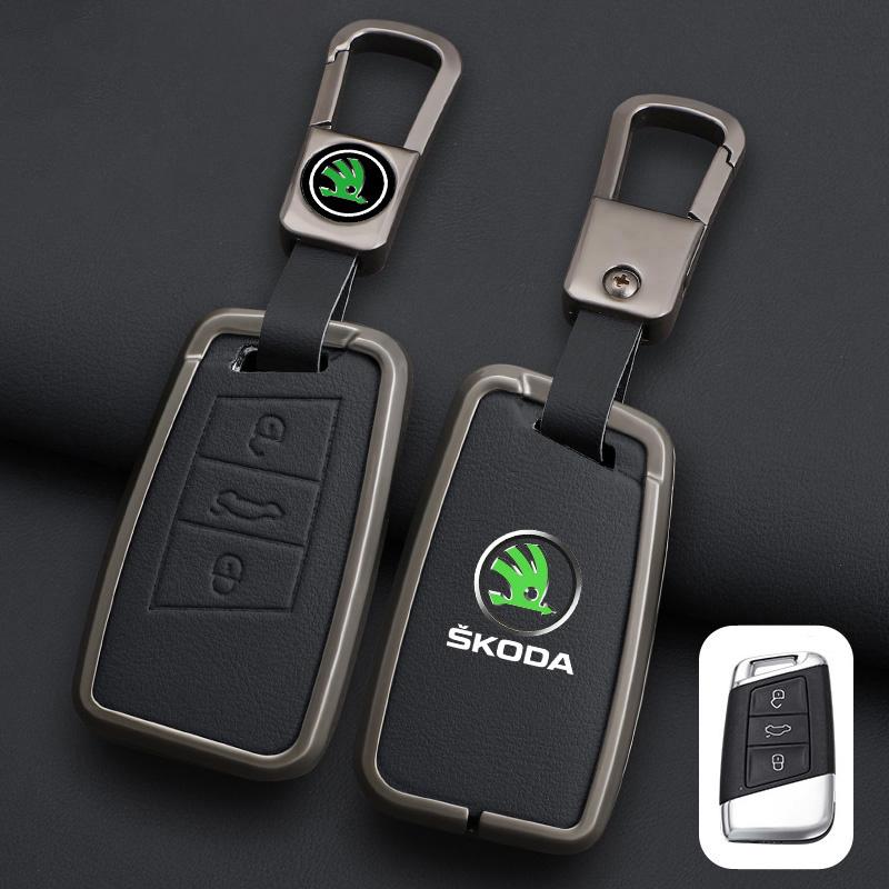 XOWS7 Zinc Alloy Leather Car Remote Key Case Cover Protector Shell Fob For Skoda Superb A7 Kodiaq Octavia A7 A8 Keychain Accessories