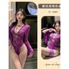 Purple Sexy Pajamas Mesh Lace Sheer V Neck Erotic Lace Mesh Trumpet Sleeve Jumpsuit Body Suits Women Rompers Sweet YVP7