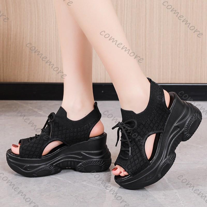 Fashion Comemore Thick Bottom Sandals Women Summer Mesh Fish Mouth High Heels Casual Sport Style Roman Sandal White Black Wedge Sandales