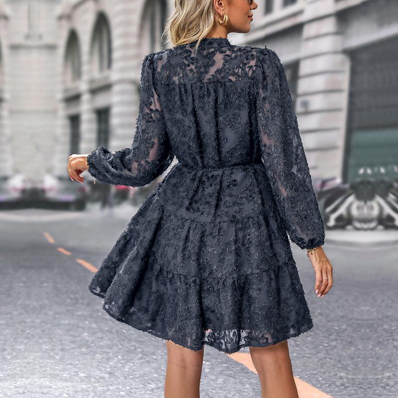 Women Autumn Winter Long Sleeve Print Elegant V-neck A-Line Mid-Length High Waist Dress