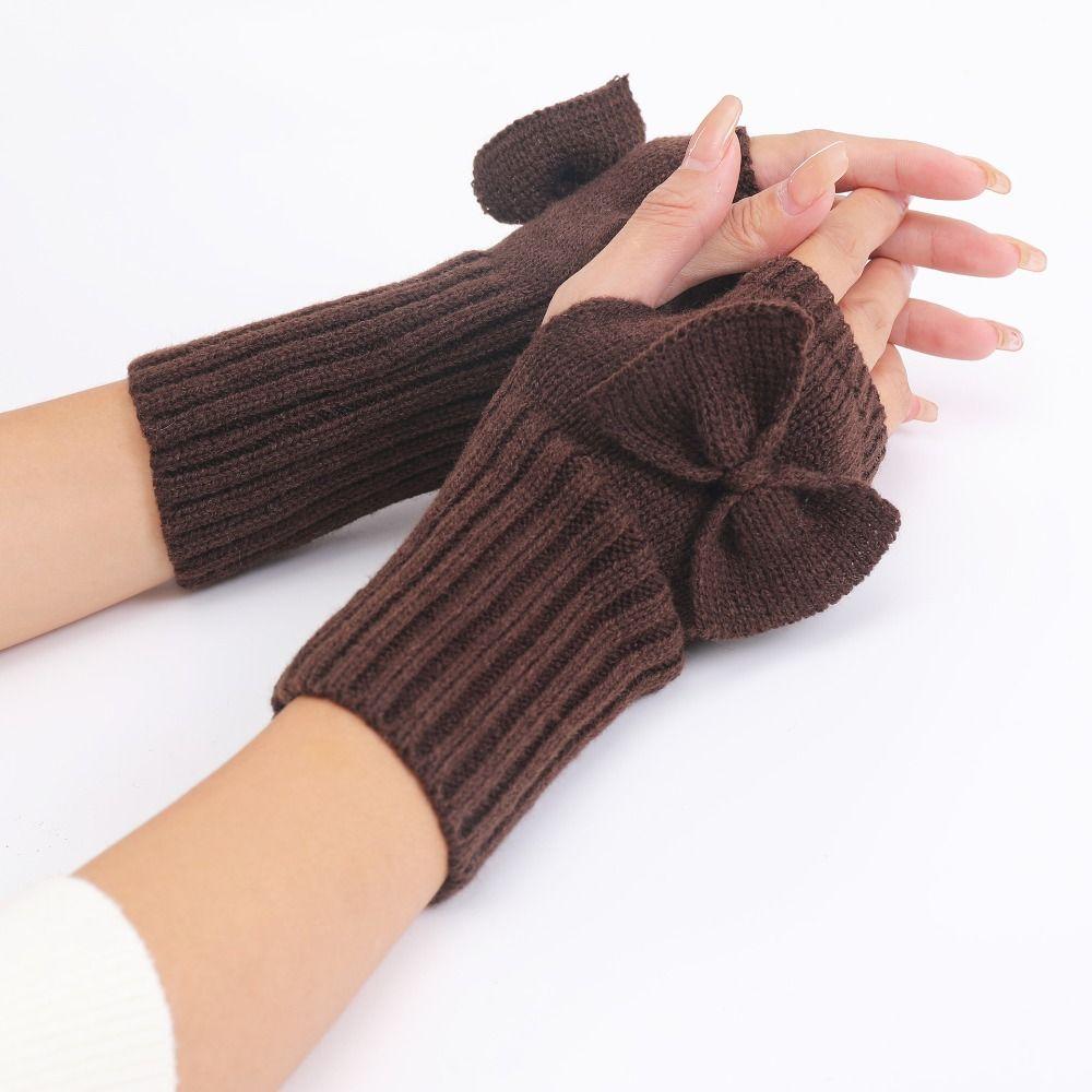 Comfortable Thick Warm Bowknot Knitted Gloves Elastic Soft Half Finger Gloves Keep Warm Arm Warmers Youth Student