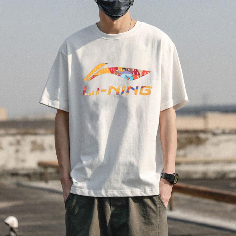 Li Ning Sports Fashion Series Letter Logo Cartoon Pattern Printed Loose Casual Short Sleeve Unisex Tops White AHSU837-2