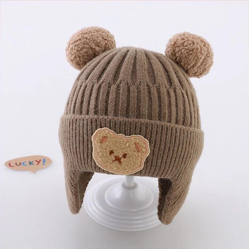Детские шапки-бини с мультяшным медведем, милые наушники для защиты ушей, вязаная шапка-чепчик для девочек, корейские зимние теплые детские вязаные шапки крючком