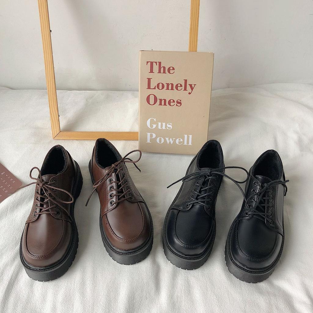 Винтажные туфли на платформе, туфли-оксфорды, осенние винтажные коричневые туфли из искусственной кожи на шнуровке, женские модные туфли-лоферы, черные туфли-оксфорды