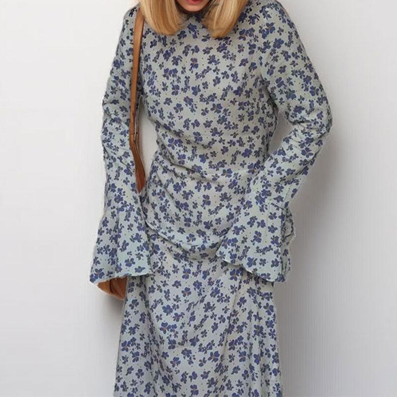 2025 весна новая женская одежда мода темперамент цветочный рог рукав круглый вырез длинное платье свободное повседневное платье