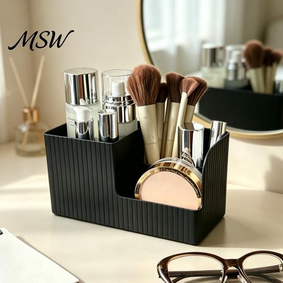 Desktop Organizer Storage Box with Three Compartments, Vertical Stripes Plastic Cosmetic Display Stand Organizer, Space Saving Container for Cosmetics