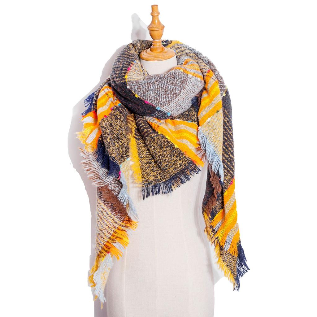 Осенне-зимний шарф с кисточками, женский клетчатый теплый треугольный платок