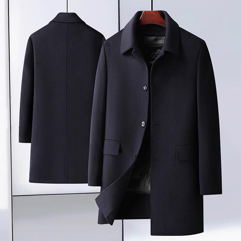 Men's Medium and Long Winter Business Lapel Solid Color Casual Removable Goose Down Liner Woolen Coat Men's Coat