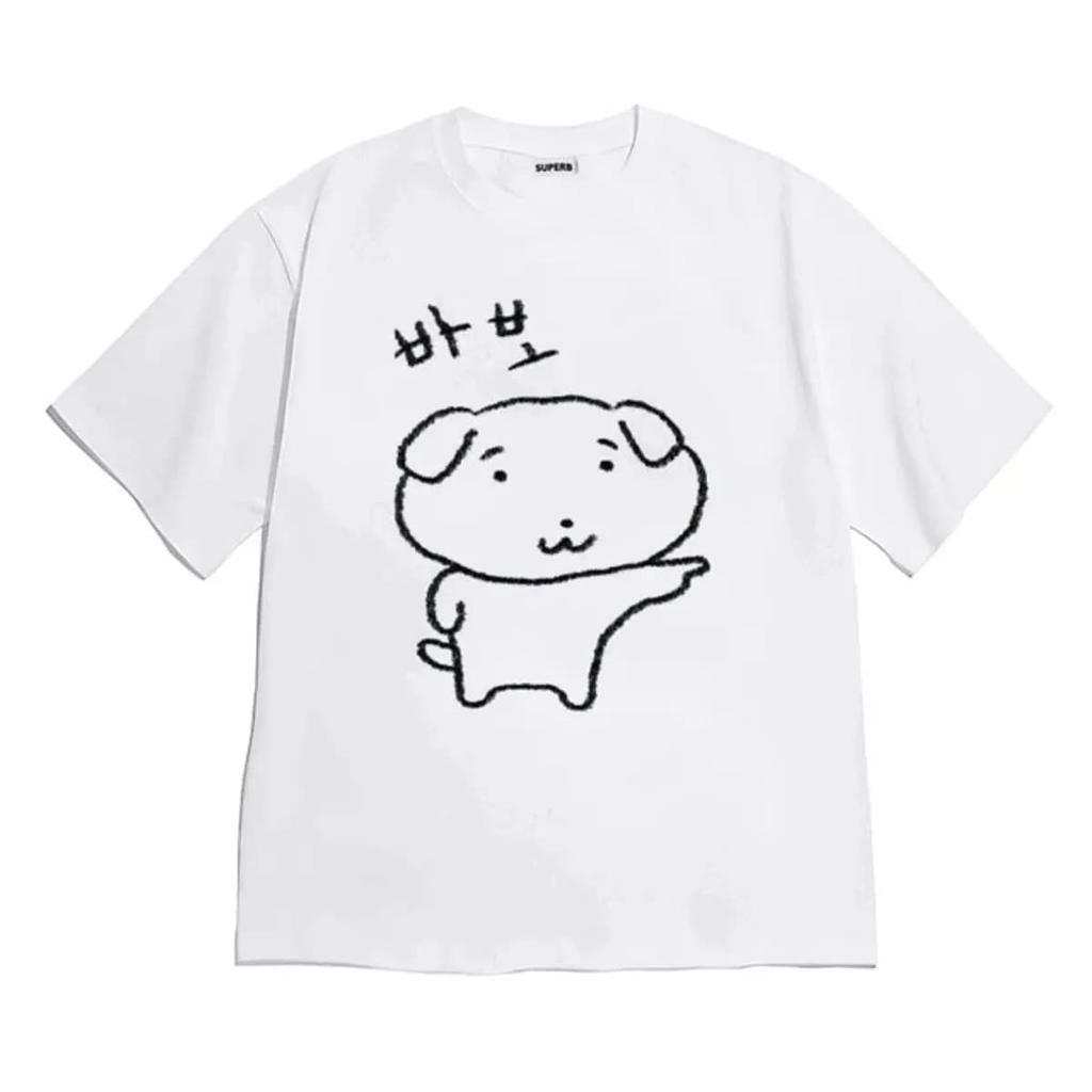 Simple Sketch Puppy Korean Hangul Letter Print T Shirt Unisex Loose Cotton Short Sleeve Kawaii Aesthetic Harajuku Casual Tee