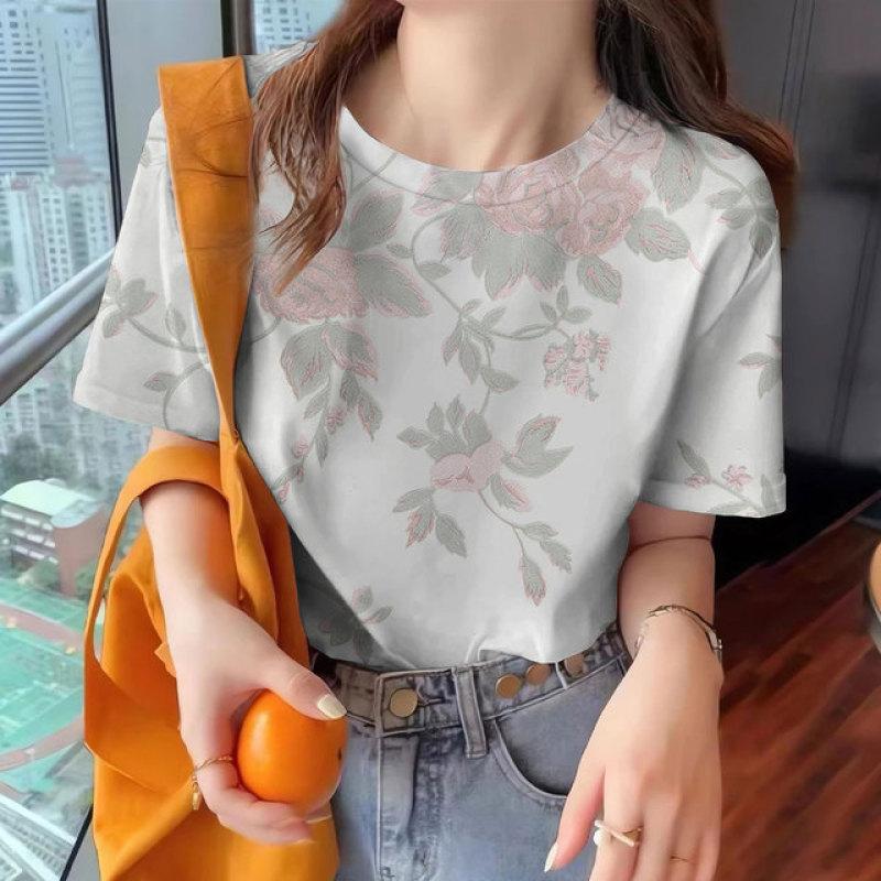 Summer Women's Clothing New T-shirt Loose Breathable Short Sleeve Elegant Top Fashion Round Neck Clothing Women's T-shirt