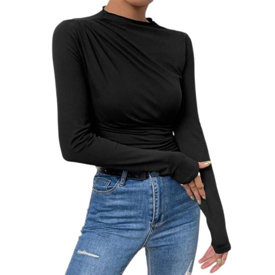 Women Solid Color Bottom Shirt Half High Collar Long Sleeve Bottoming Top Solid Color Slim Fit Pleated Pullover Tops